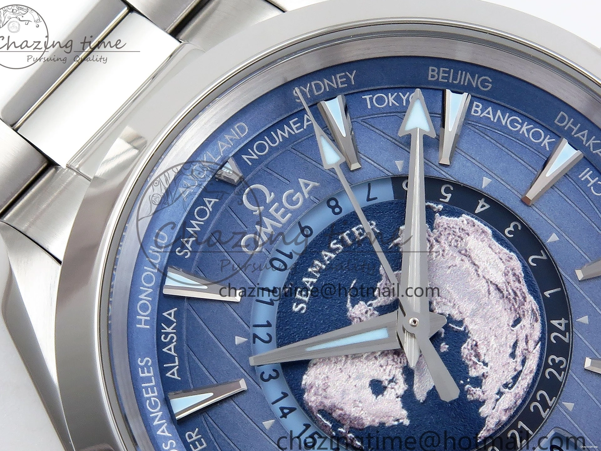 0109 Aqua Terra GMT Worldtimer 43mm VSF 1:1 Best Edition Summer Blue Dial on SS Bracelet A8938 Super Clone FashionForward 7720